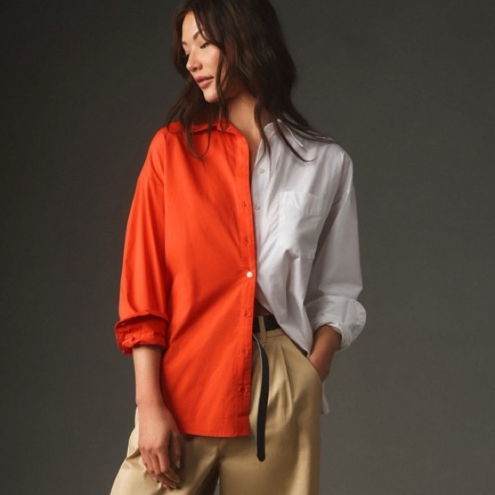 Anthropologie Two-Tone Red and White Button-Down Shirt